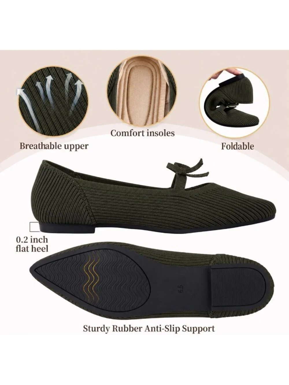 Women's Green Pointed Toe Knit Ballet Flats Comfortable Pull On Casual Shoes